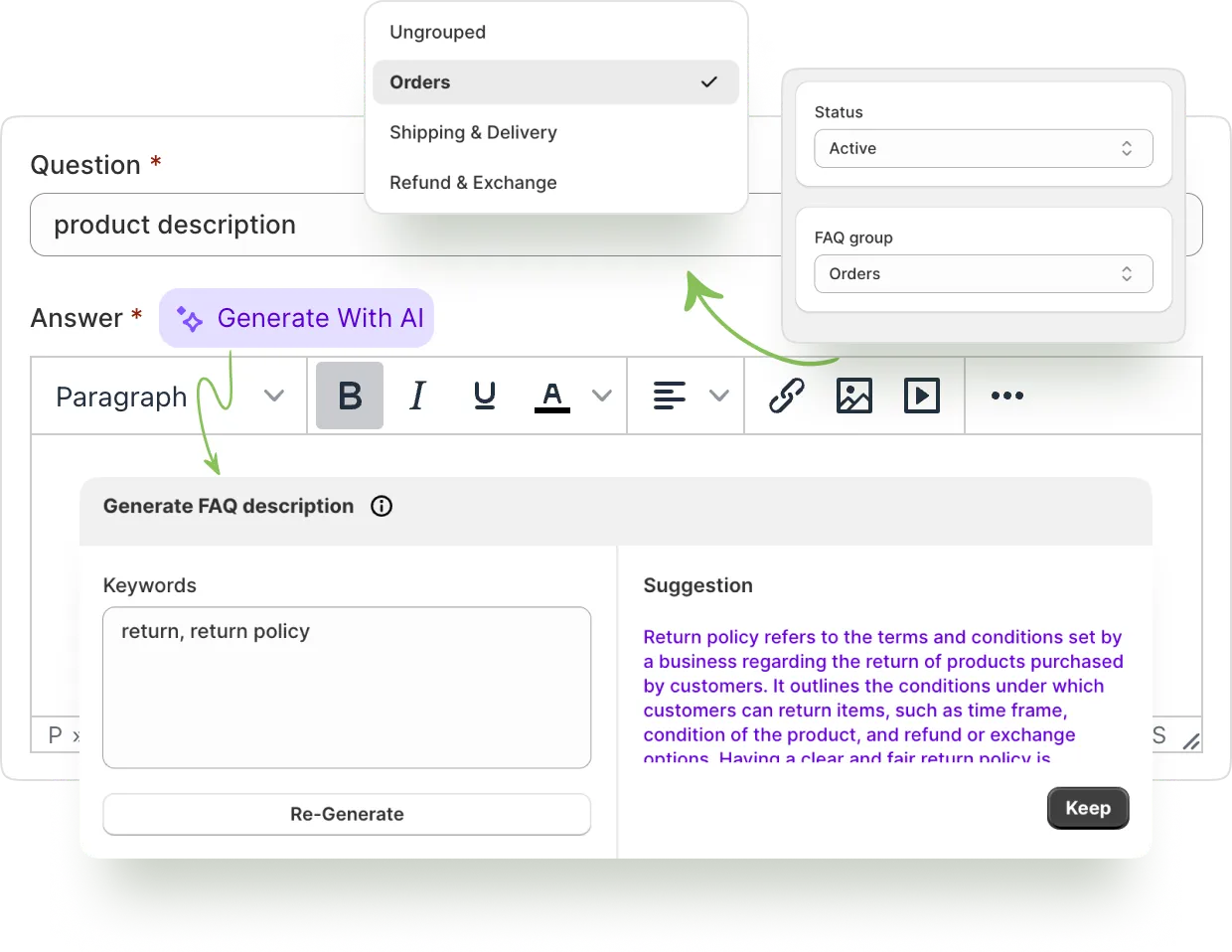 Generating an FAQ answer with AI inside the StoreFAQ editor