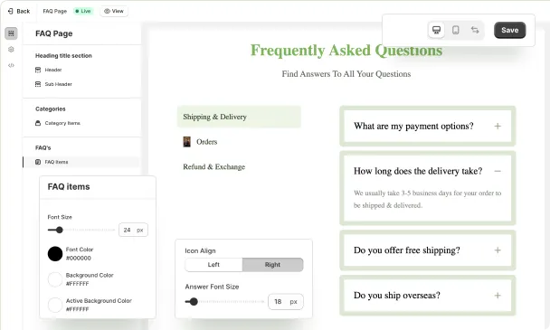 FAQ page design settings in StoreFAQ