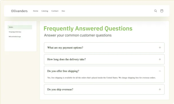 A finished FAQ page on a Shopify store