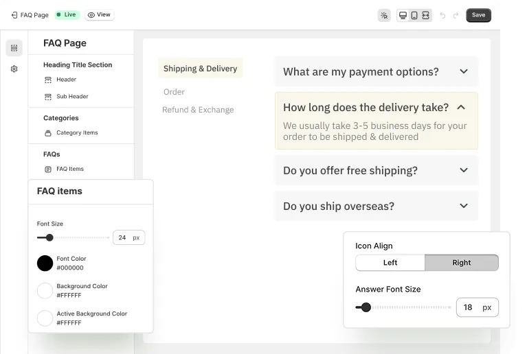 The visual FAQ page builder with styling controls