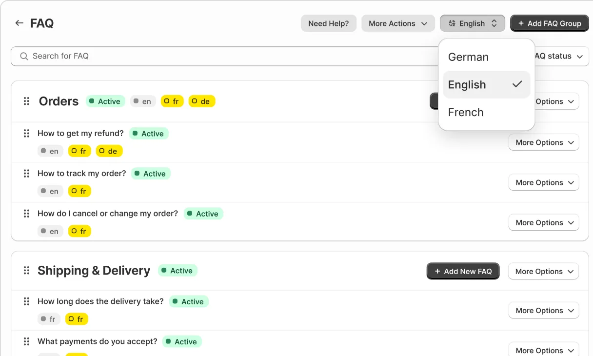 FAQ group shown in several languages