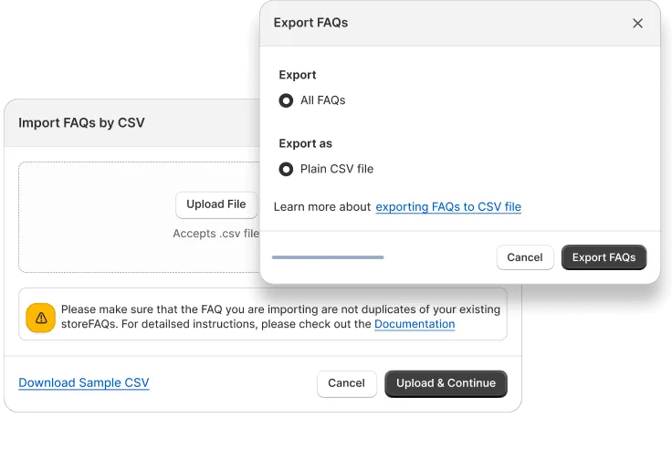 The import and export screen for moving FAQs between stores