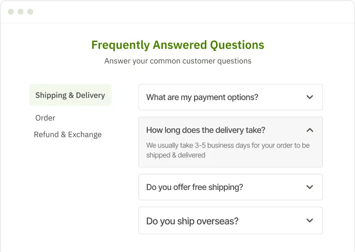 A finished FAQ page on a Shopify storefront