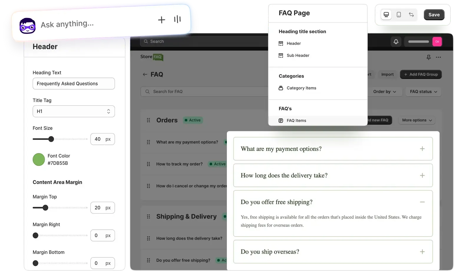 StoreFAQ FAQ page builder shown on a Shopify storefront