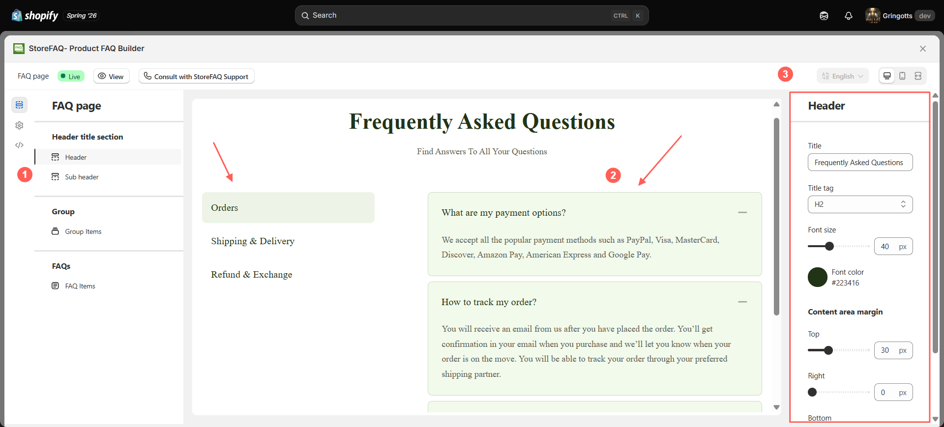 After selecting a section, you can design your FAQs by clicking directly on its elements.