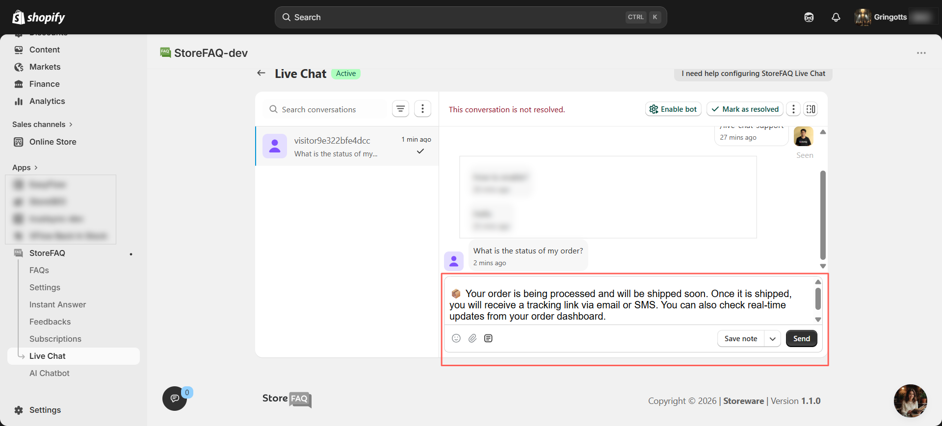 With message shortcuts, your response will be ready within seconds. After reviewing the message, click ‘Send’ to deliver it to the user.