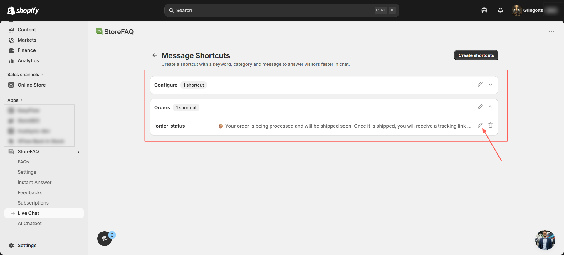 From here, you can click the Edit Button to update or modify any existing shortcut based on your needs.