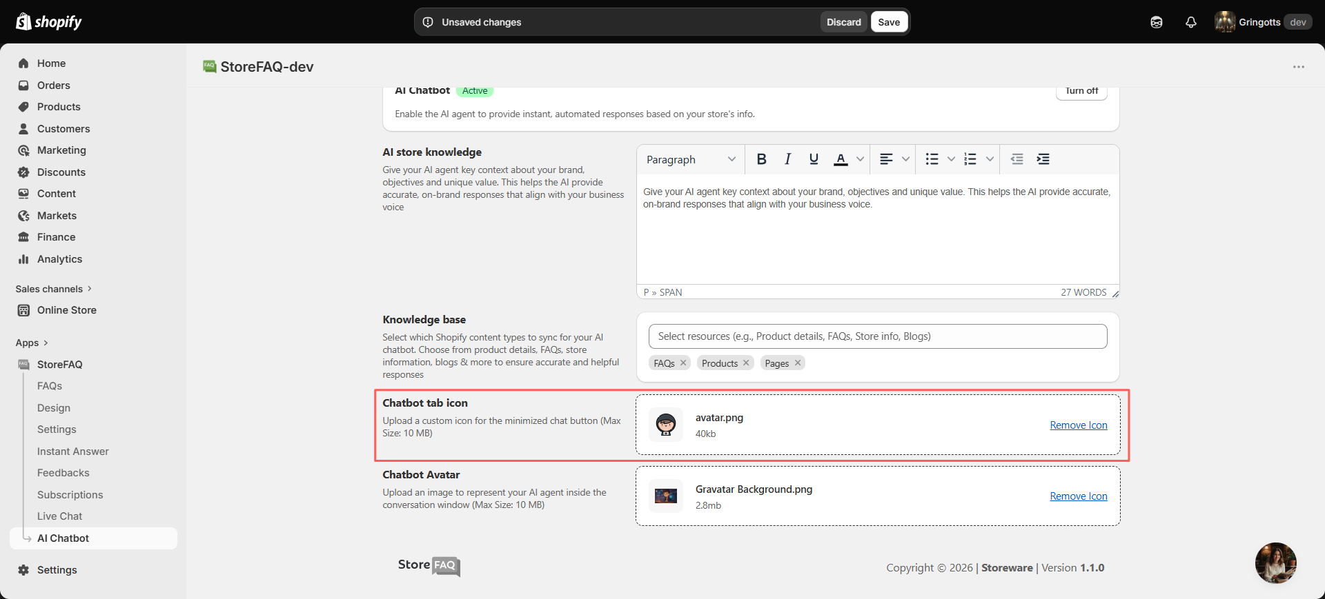 Upload the chatbot tab icon