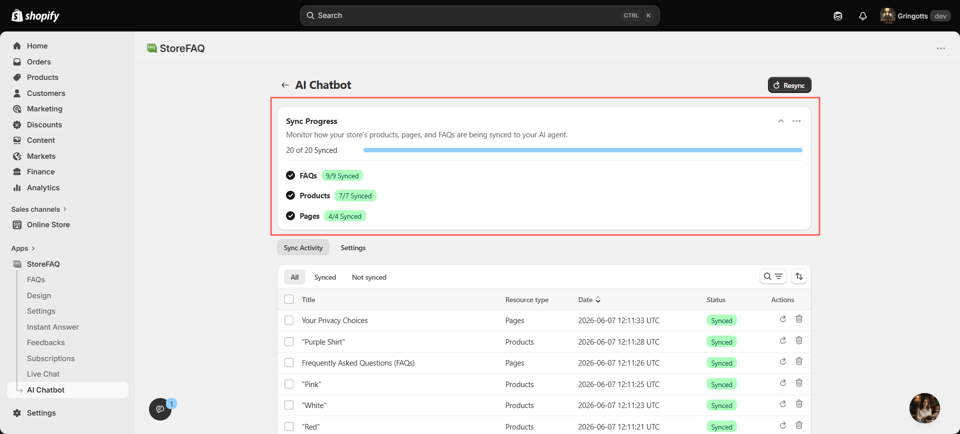 AI Chatbot Sync Progress