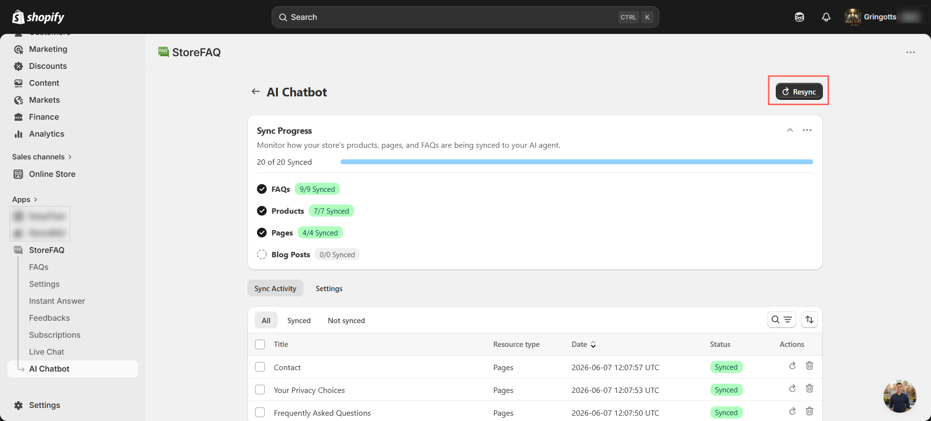 you can click the Resync button to restart the synchronization process and update the affected content.